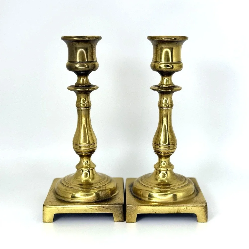 VTG Solid Brass Candlestick Holder Pair Made in England Square Base 5.5